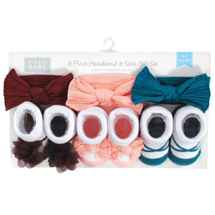 Hudson Baby Infant Girls Headband and Socks Giftset, Burgundy Teal, One Size