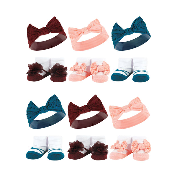 Hudson Baby Infant Girl 12 Piece Headband and Socks Giftset, Burgundy Teal, One Size