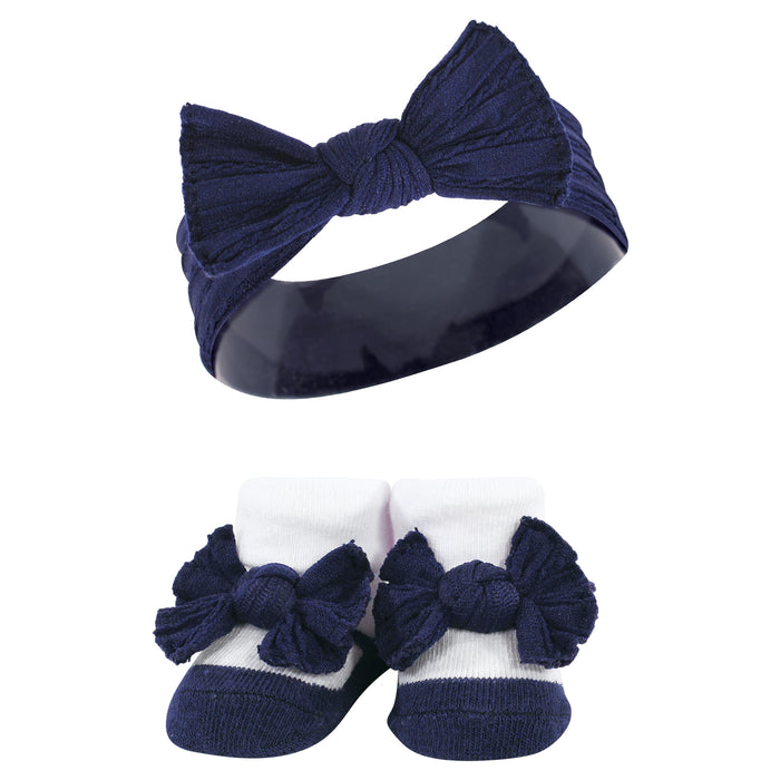 Hudson Baby Infant Girls Headband and Socks Giftset, Blush Navy, One Size