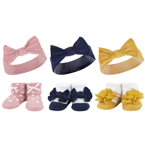 Hudson Baby Infant Girls Headband and Socks Giftset, Blush Navy, One Size