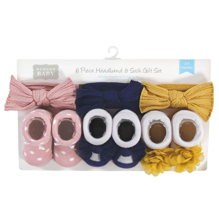 Hudson Baby Infant Girls Headband and Socks Giftset, Blush Navy, One Size