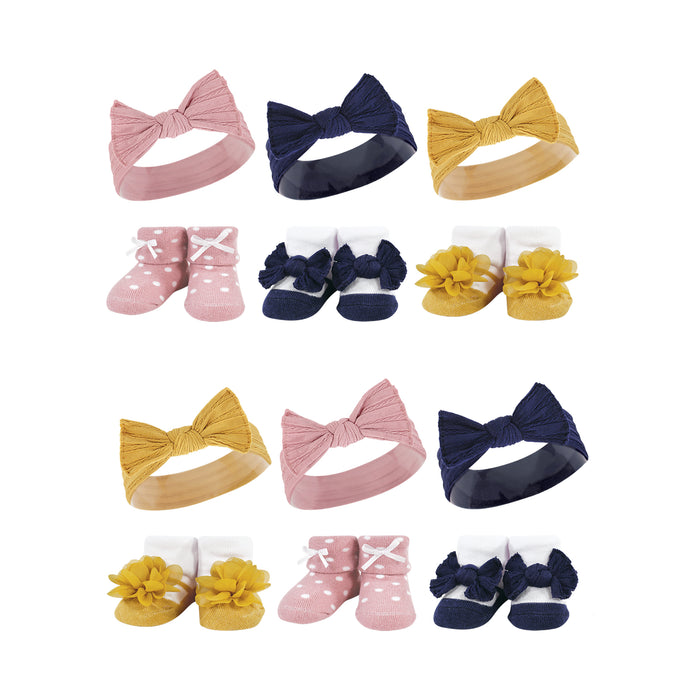 Hudson Baby Infant Girl 12 Piece Headband and Socks Giftset, Blush Navy, One Size