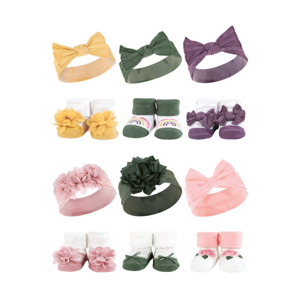 Hudson Baby 12 Piece Headband and Socks Giftset, Purple Green Yellow Pink