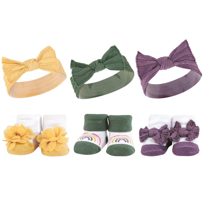 Hudson Baby 12 Piece Headband and Socks Giftset, Purple Green Yellow, One Size