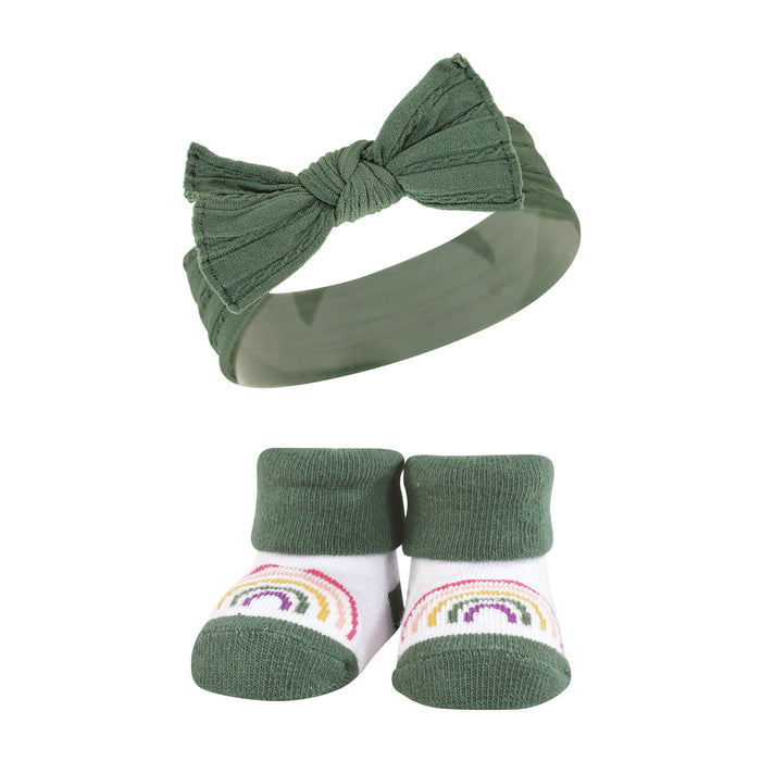 Hudson Baby Infant Girl Headband and Socks Giftset, Purple Green Yellow, One Size