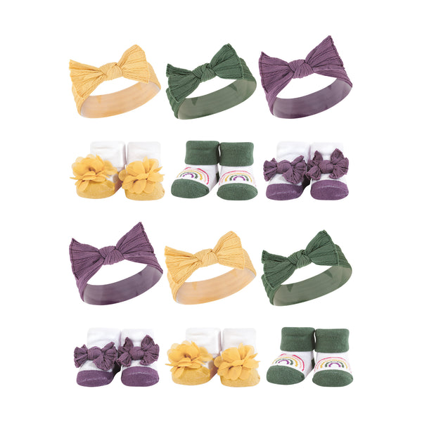 Hudson Baby 12 Piece Headband and Socks Giftset, Purple Green Yellow, One Size