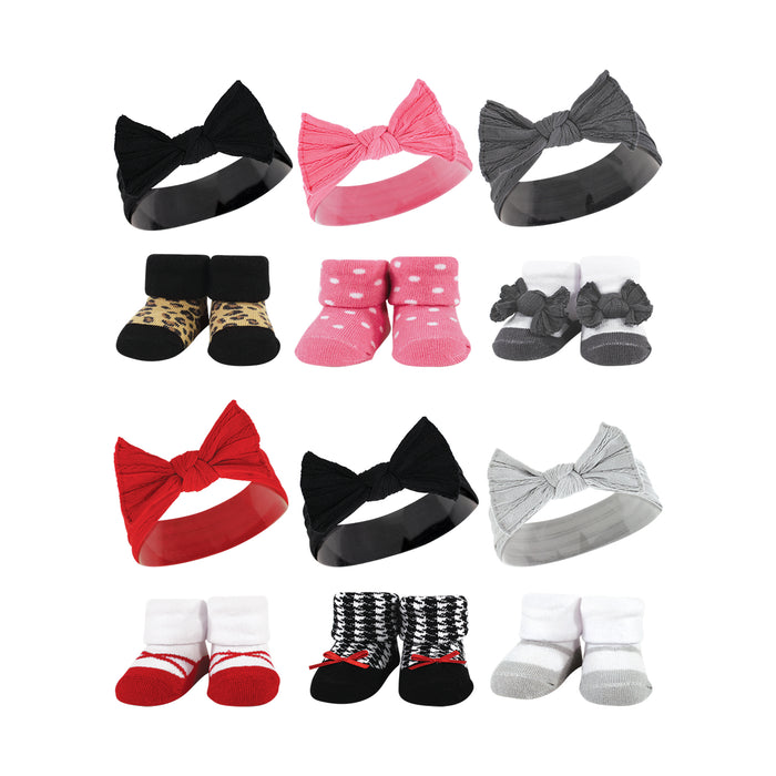 Hudson Baby 12 Piece Headband and Socks Giftset, Black Wild Rose Red, One Size