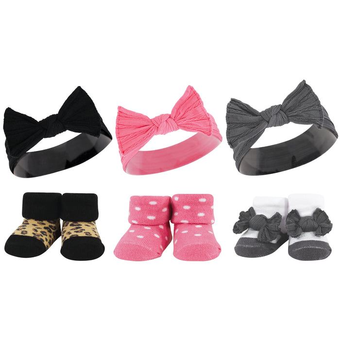 Hudson Baby 12 Piece Headband and Socks Giftset, Black Wild Rose Leopard