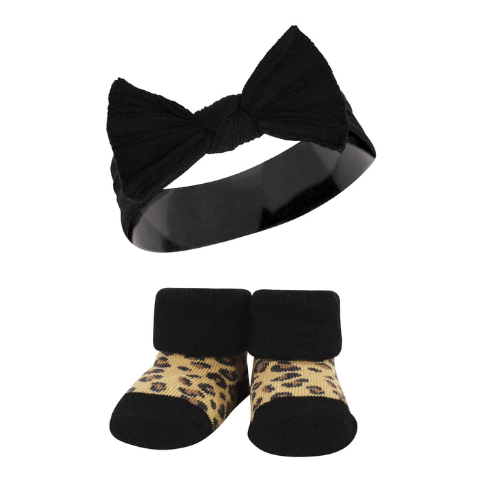 Hudson Baby Infant Girls Headband and Socks Giftset, Black Wild Rose Leopard, One Size