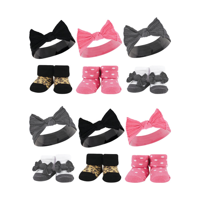 Hudson Baby 12 Piece Headband and Socks Giftset, Black Wild Rose Leopard