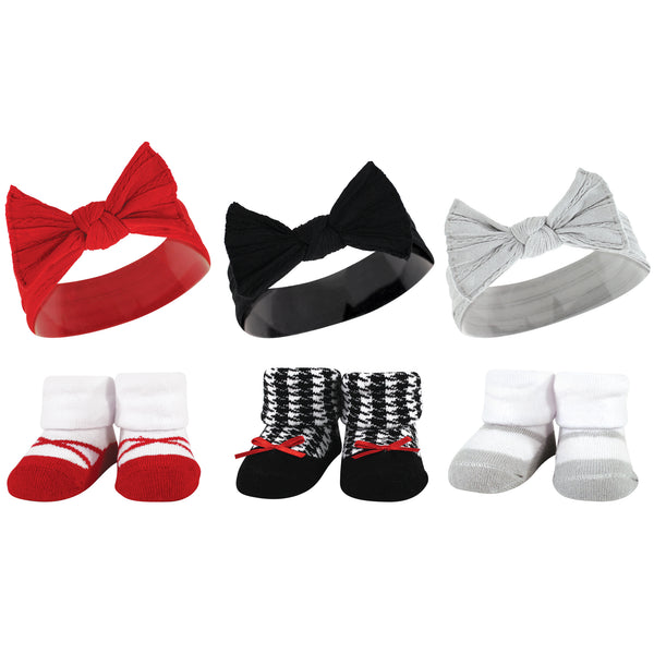 Hudson Baby Infant Girls Headband and Socks Giftset, Red Houndstooth Bows, One Size