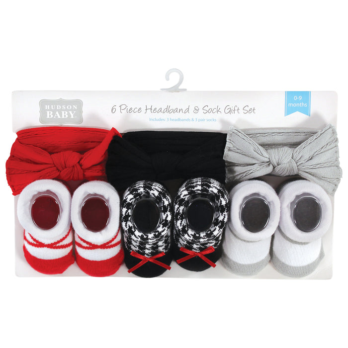 Hudson Baby Infant Girls Headband and Socks Giftset, Red Houndstooth Bows, One Size