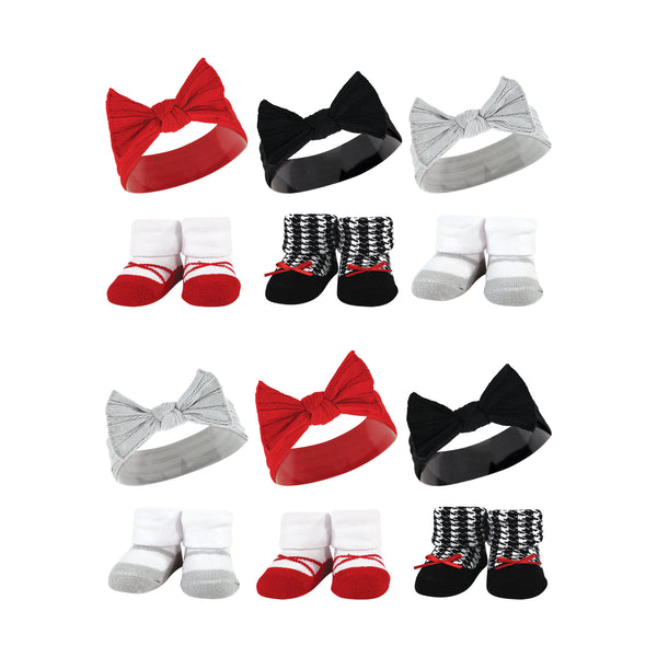 Hudson Baby 12 Piece Headband and Socks Giftset, Red Houndstooth Bows, One Size