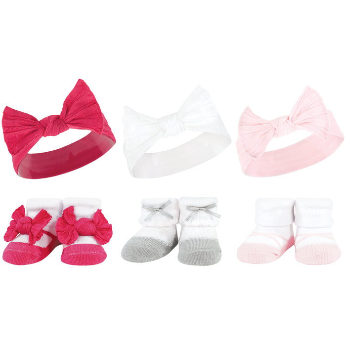 Hudson Baby Infant Girl 12 Piece Headband and Socks Giftset, Pink White, One Size