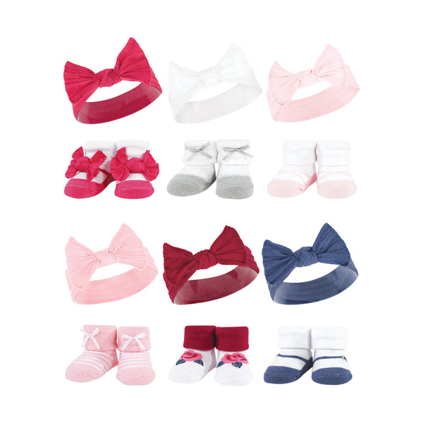 Hudson Baby 12 Piece Headband and Socks Giftset, Pink White Blue, One Size