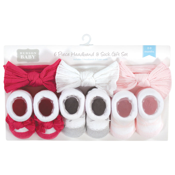 Hudson Baby Infant Girls Headband and Socks Giftset, Pink White, One Size