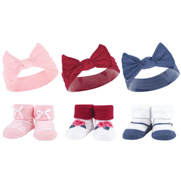 Hudson Baby Infant Girls Headband and Socks Giftset, Pink Blue, One Size