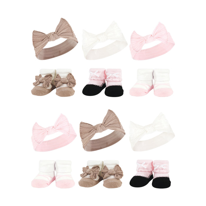 Hudson Baby Infant Girl 12 Piece Headband and Socks Giftset, Pink Taupe, One Size