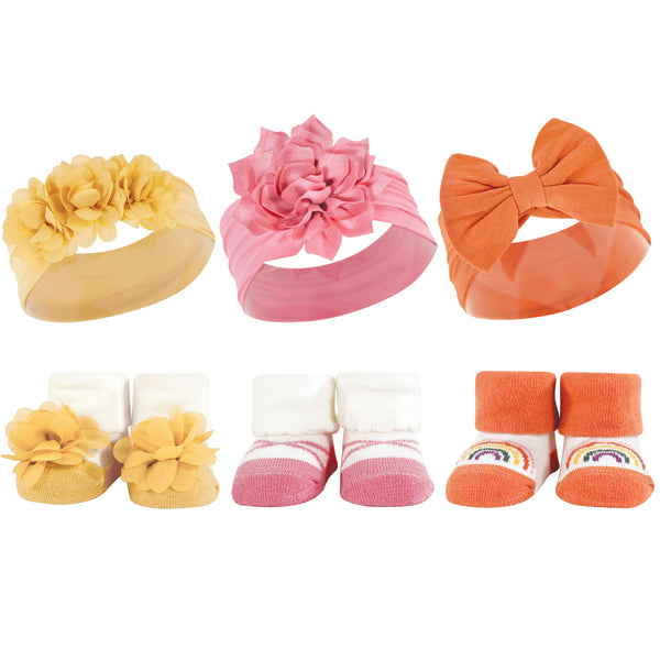 Hudson Baby Infant Girl Headband and Socks Giftset, Yellow Orange, One Size