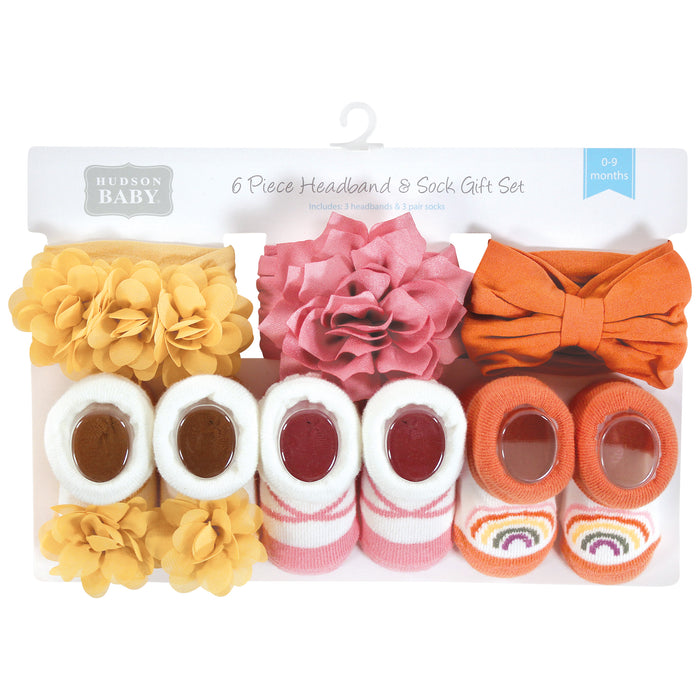 Hudson Baby Infant Girl Headband and Socks Giftset, Yellow Orange, One Size