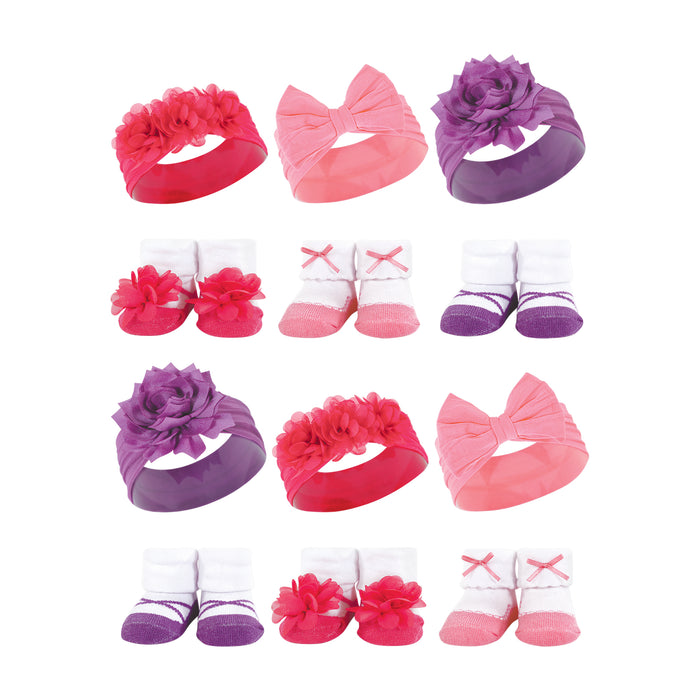 Hudson Baby Infant Girl 12 Piece Headband and Socks Giftset, Pink Purple, One Size