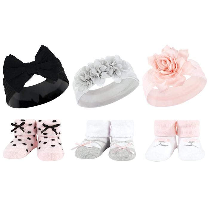 Hudson Baby Infant Girls Headband and Socks Giftset, Pink Black