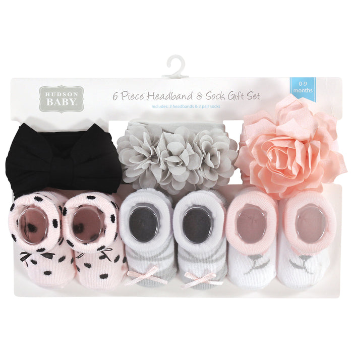 Hudson Baby Infant Girls Headband and Socks Giftset, Pink Black