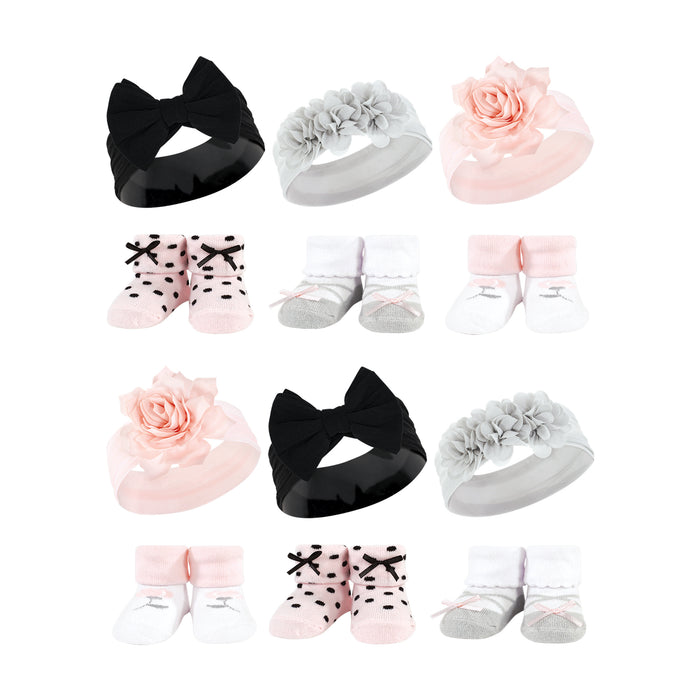 Hudson Baby Infant Girl 12 Piece Headband and Socks Giftset, Pink Black Gray, One Size