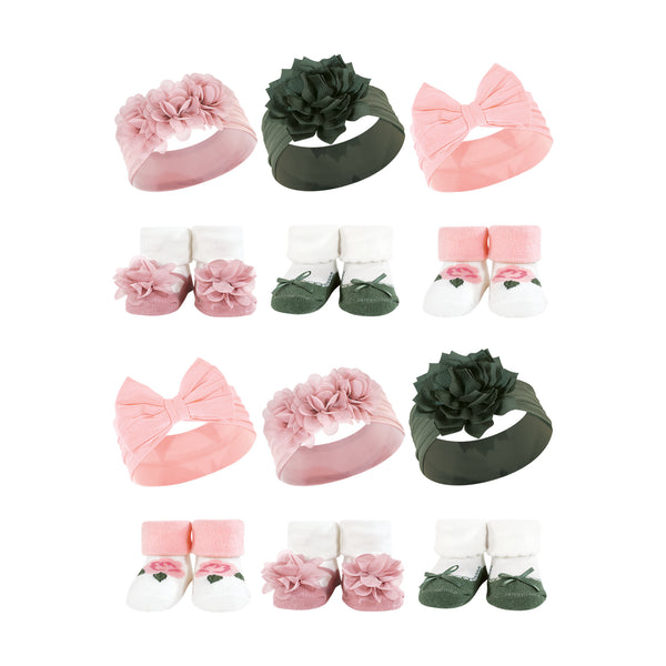 Hudson Baby Infant Girl 12 Piece Headband and Socks Giftset, Pink Green, One Size