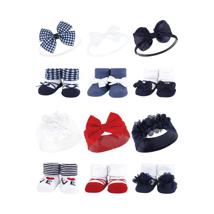 Hudson Baby 12 Piece Headband and Socks Giftset, Navy Red Gingham