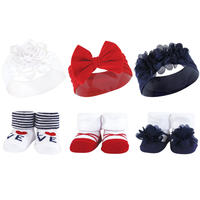 Hudson Baby 12 Piece Headband and Socks Giftset, Navy Red Gingham