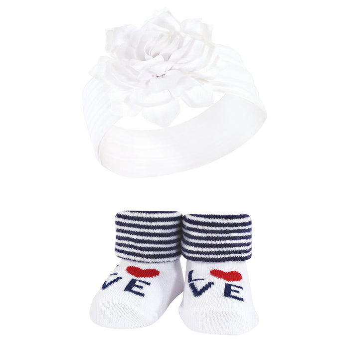 Hudson Baby Infant Girl Headband and Socks Giftset, Navy Red, One Size