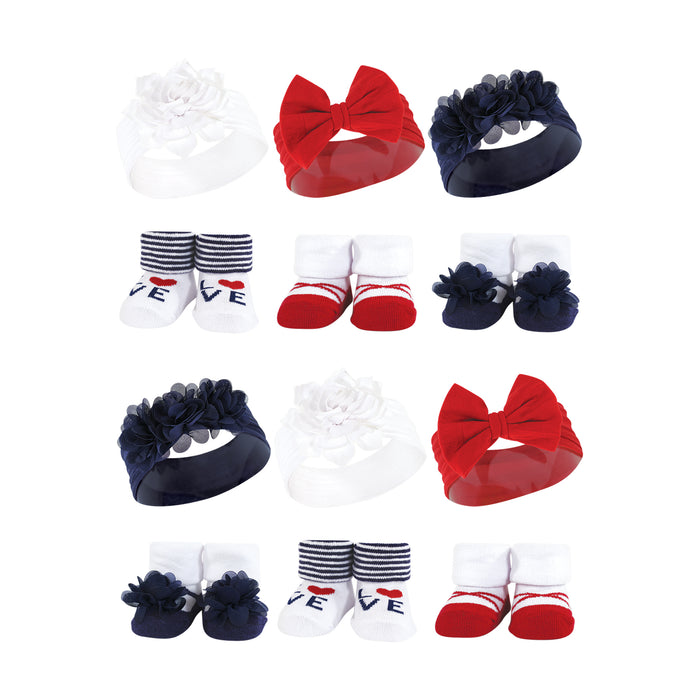 Hudson Baby Infant Girl 12 Piece Headband and Socks Giftset, Navy Red, One Size