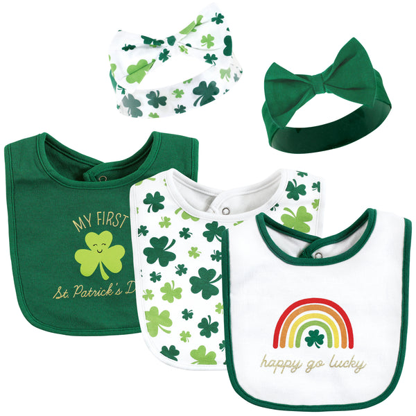 Hudson Baby Infant Girl Cotton Bib and Headband , St Patricks Rainbow