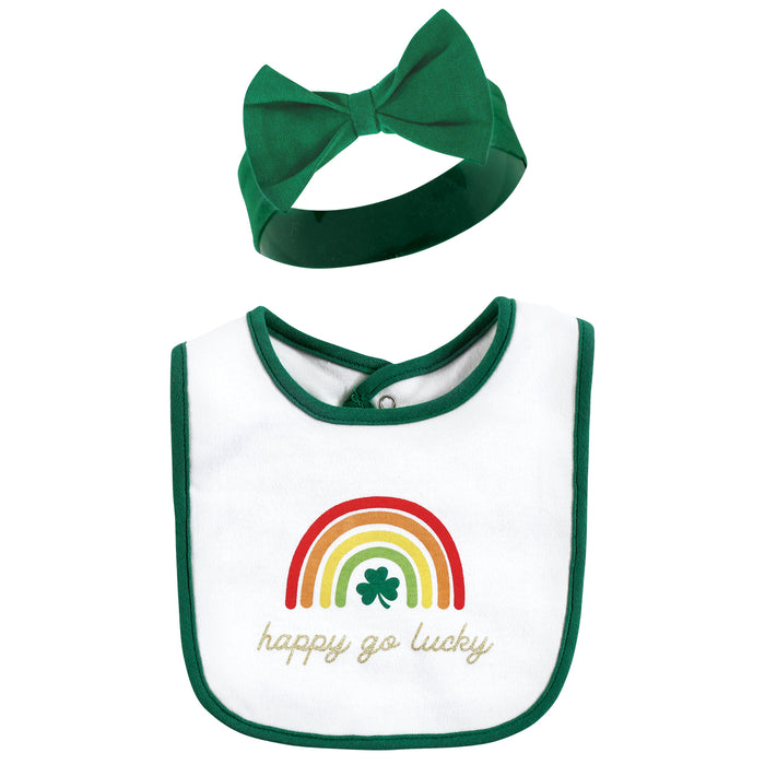 Hudson Baby Infant Girl Cotton Bib and Headband , St Patricks Rainbow