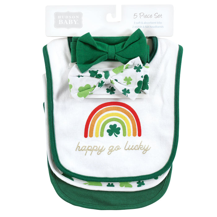 Hudson Baby Infant Girl Cotton Bib and Headband , St Patricks Rainbow