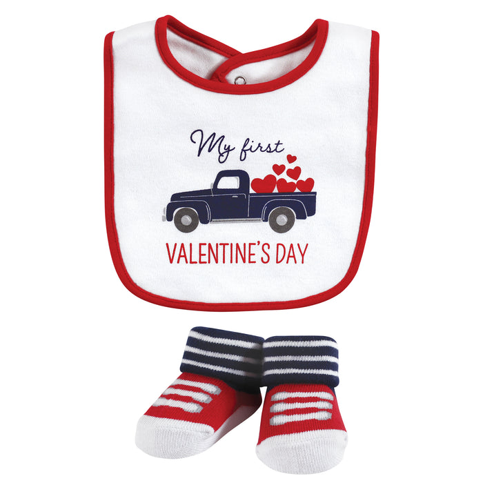 Hudson Baby Infant Boy Cotton Bib and Sock Set, Valentine Truck, One Size