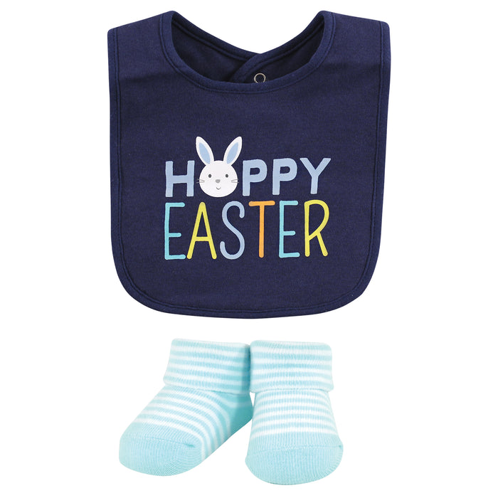 Hudson Baby Infant Boy Cotton Bib and Sock Set, Hoppy Easter, 0-9 Months