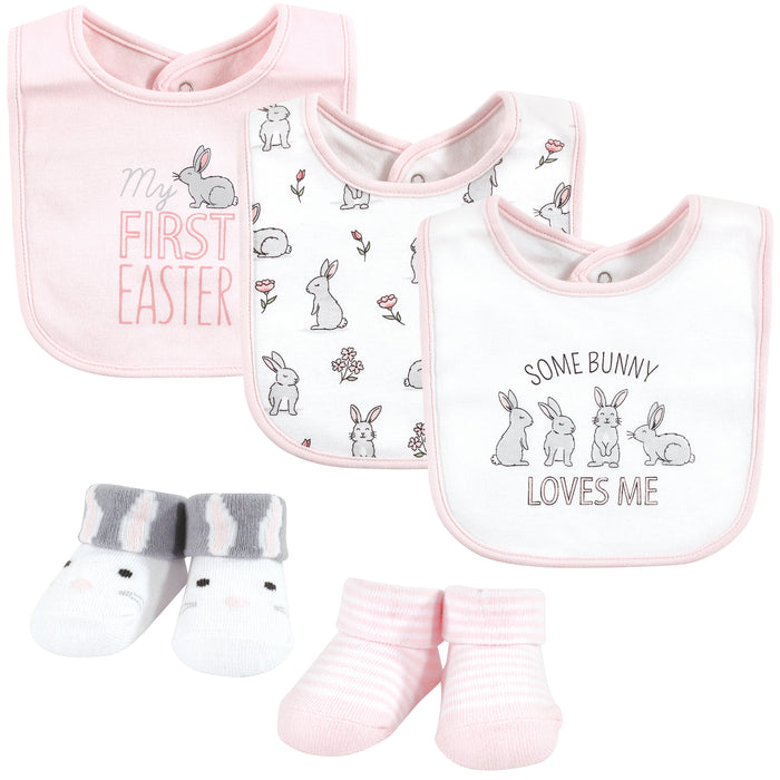 Hudson Baby Infant Girl Cotton Bib and Sock Set, Some Bunny