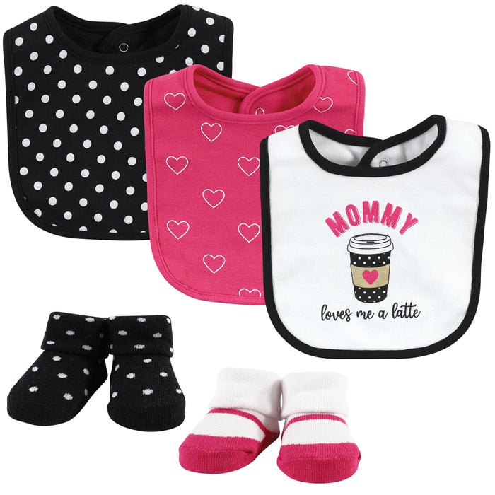 Hudson Baby Infant Girl Cotton Bib and Sock Set, Mommy Latte