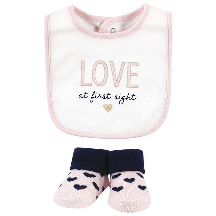 Hudson Baby Infant Girl Cotton Bib and Sock Set, Love At First Sight