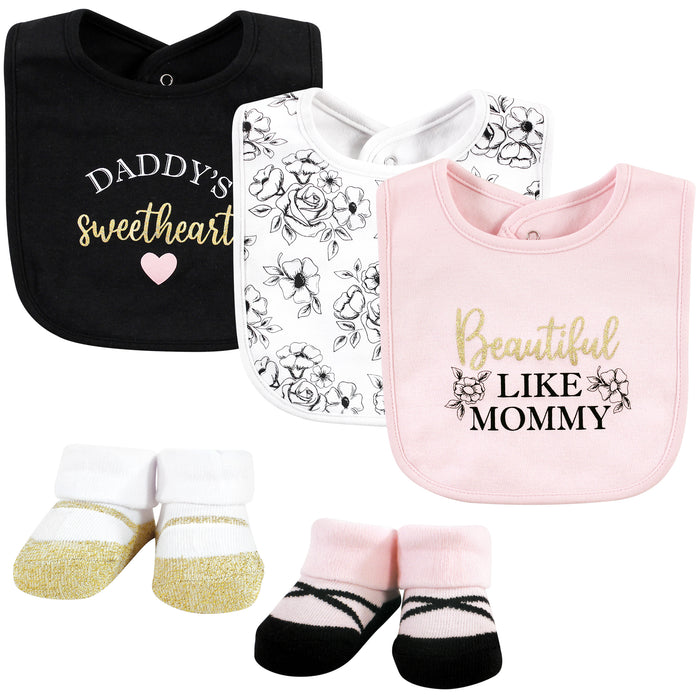 Hudson Baby Infant Girl Cotton Bib and Sock Set, Mom Dad Toile