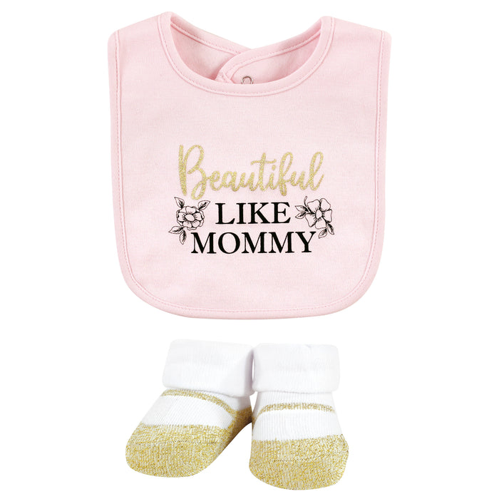 Hudson Baby Infant Girl Cotton Bib and Sock Set, Mom Dad Toile