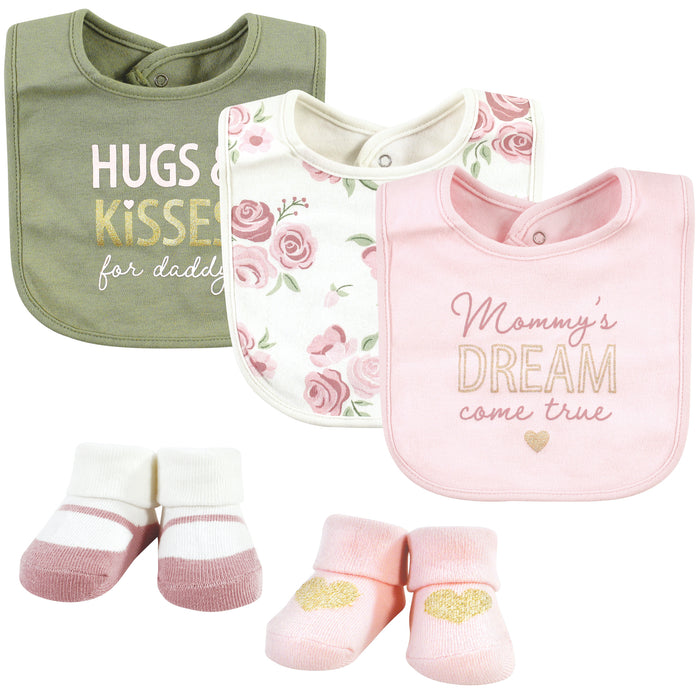 Hudson Baby Infant Girl Cotton Bib and Sock Set, Mom Dad Floral
