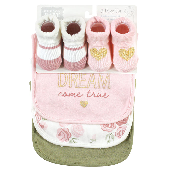Hudson Baby Infant Girl Cotton Bib and Sock Set, Mom Dad Floral