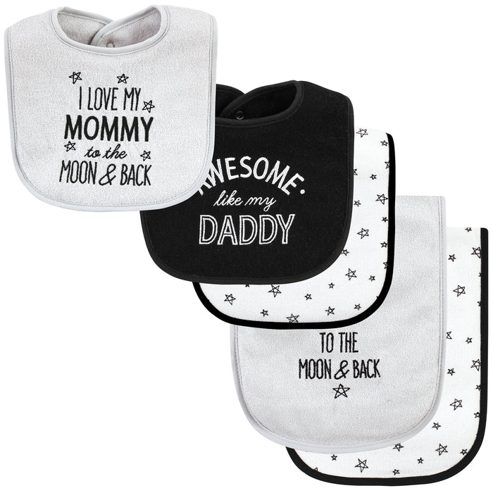 Hudson Baby Baby Cotton Terry Bib and Burp Cloth Set, Mom Dad Moon And Back, One Size