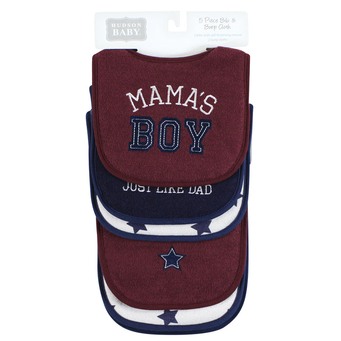 Hudson Baby Infant Boys Cotton Terry Bib and Burp Cloth Set, Mamas Boy, One Size