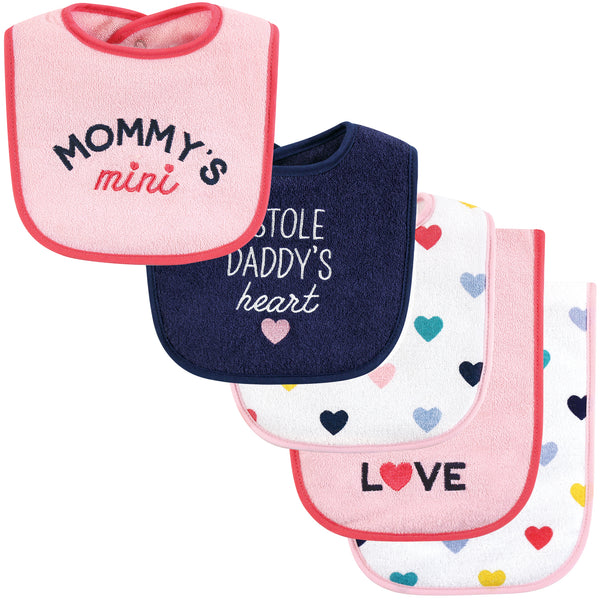 Hudson Baby Infant Girl Cotton Terry Bib and Burp Cloth Set, Bold Mom Dad