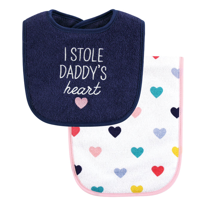 Hudson Baby Infant Girl Cotton Terry Bib and Burp Cloth Set, Bold Mom Dad
