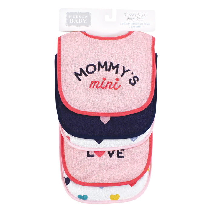 Hudson Baby Infant Girl Cotton Terry Bib and Burp Cloth Set, Bold Mom Dad